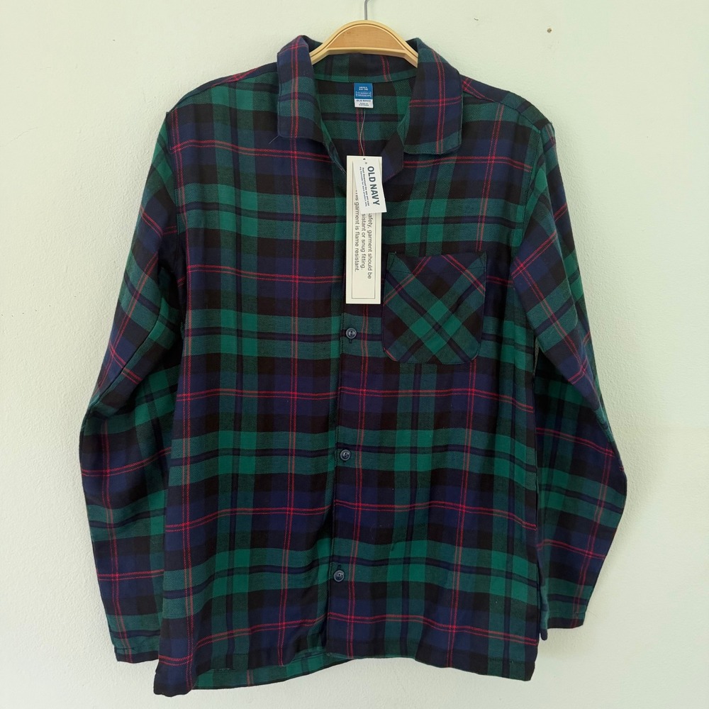 Old Navy Unisex Kids Polyester Green Plaid Pajama Top XXL 18